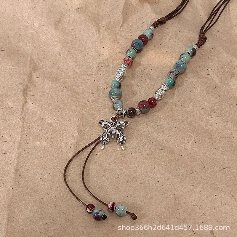 Wholesale New Chinese ethnic style retro ceramic butterfly beaded clavicle necklace