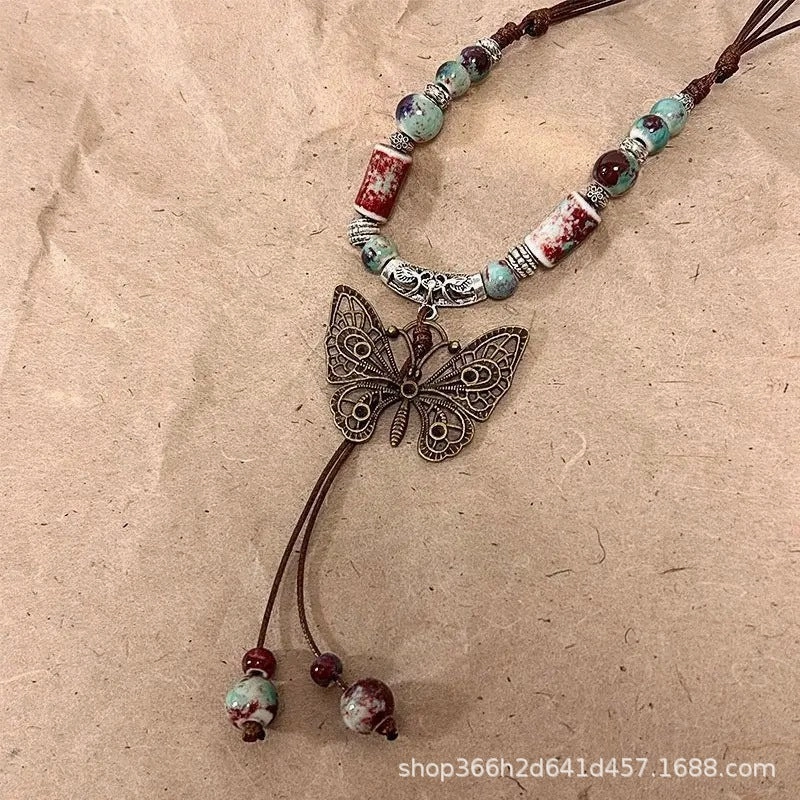 Wholesale New Chinese ethnic style retro ceramic butterfly beaded clavicle necklace