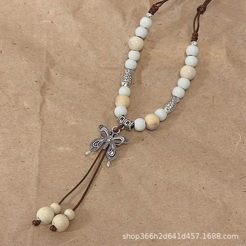 Wholesale New Chinese ethnic style retro ceramic butterfly beaded clavicle necklace