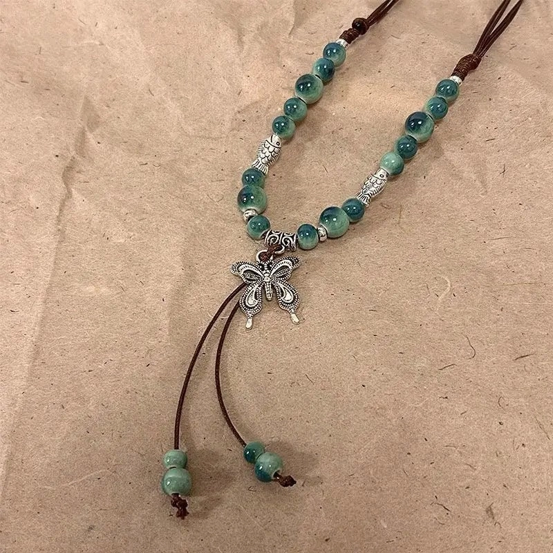 Wholesale New Chinese ethnic style retro ceramic butterfly beaded clavicle necklace