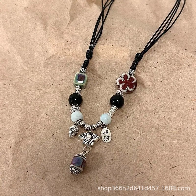 Wholesale New Chinese ethnic style retro ceramic butterfly beaded clavicle necklace