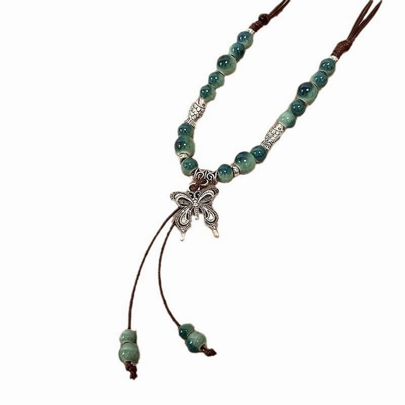 Wholesale New Chinese ethnic style retro ceramic butterfly beaded clavicle necklace