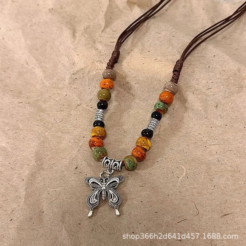 Wholesale New Chinese ethnic style retro ceramic butterfly beaded clavicle necklace