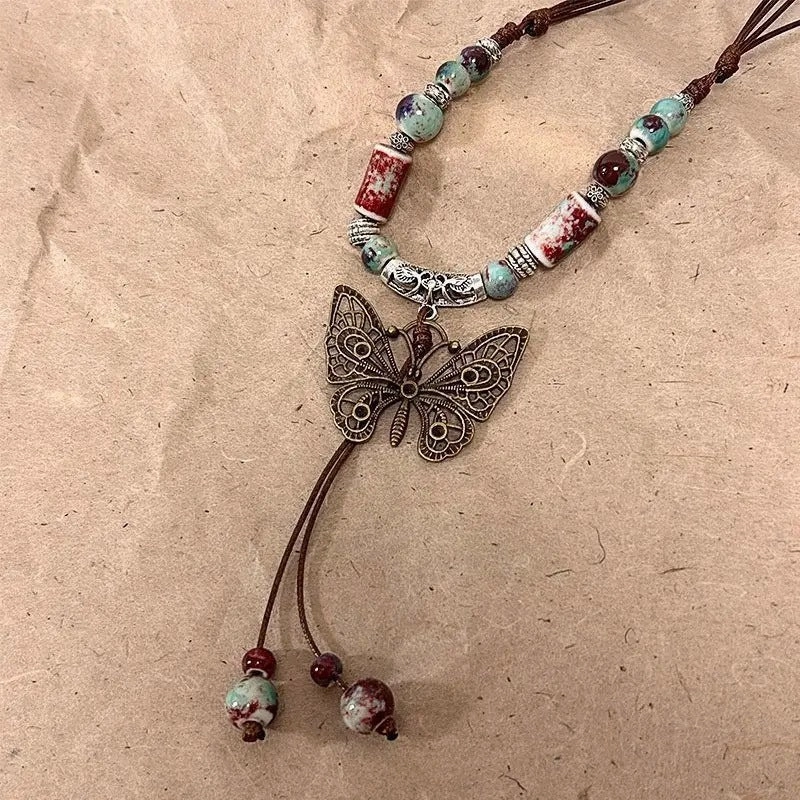 Wholesale New Chinese ethnic style retro ceramic butterfly beaded clavicle necklace
