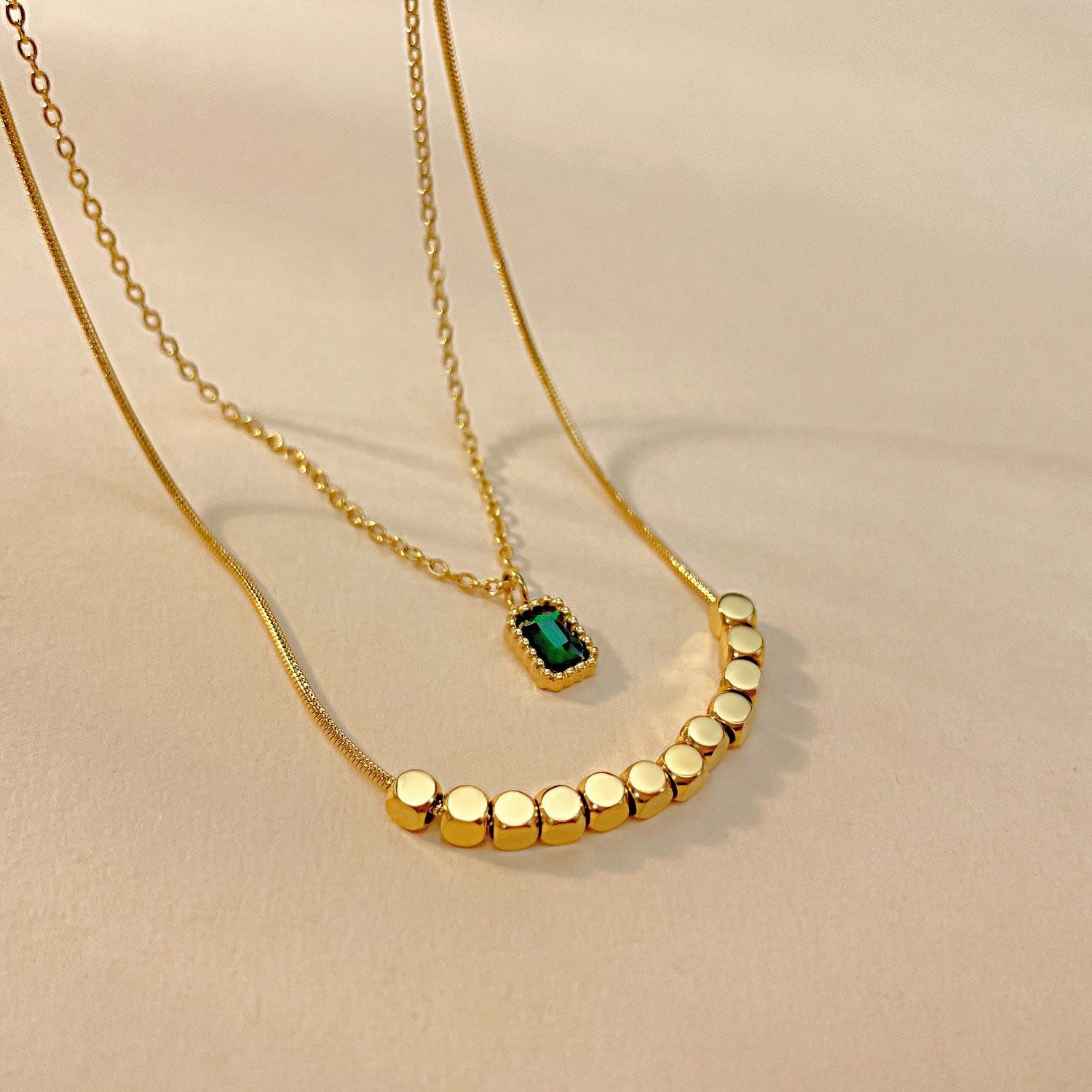 Wholesale New Chinese Style Emerald Zircon Stainless Steel Small Square Necklace