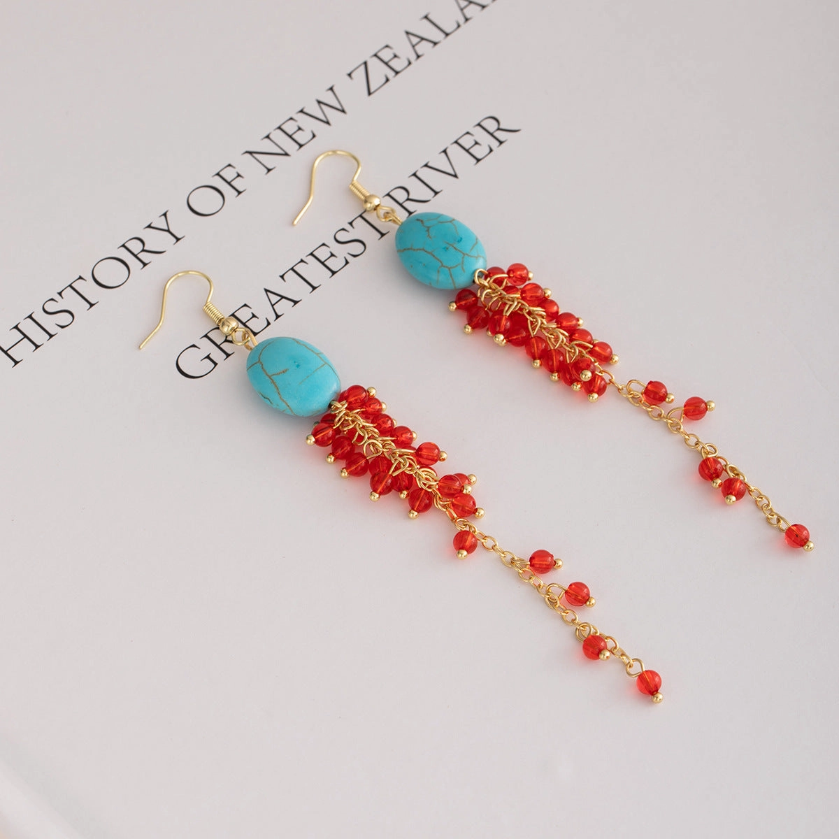 Wholesale New Chinese style long tassel earrings oval turquoise earrings