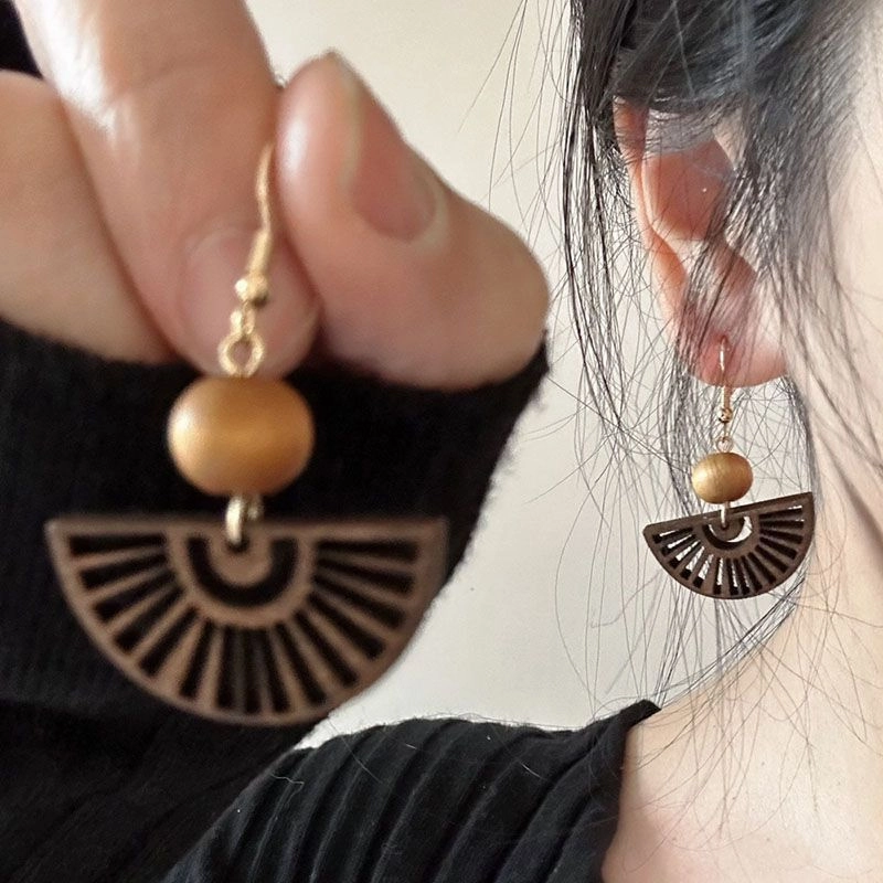 Wholesale New Chinese style wooden fan tassel earrings
