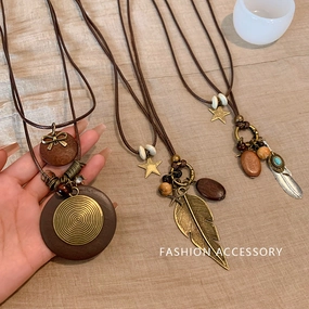Wholesale New Chinese Zen retro feather necklace double layer long sweater chain Bohemian