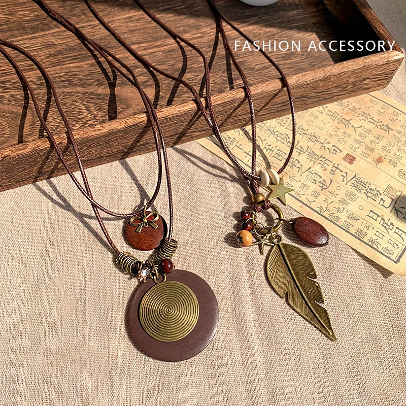 Wholesale New Chinese Zen retro feather necklace double layer long sweater chain Bohemian