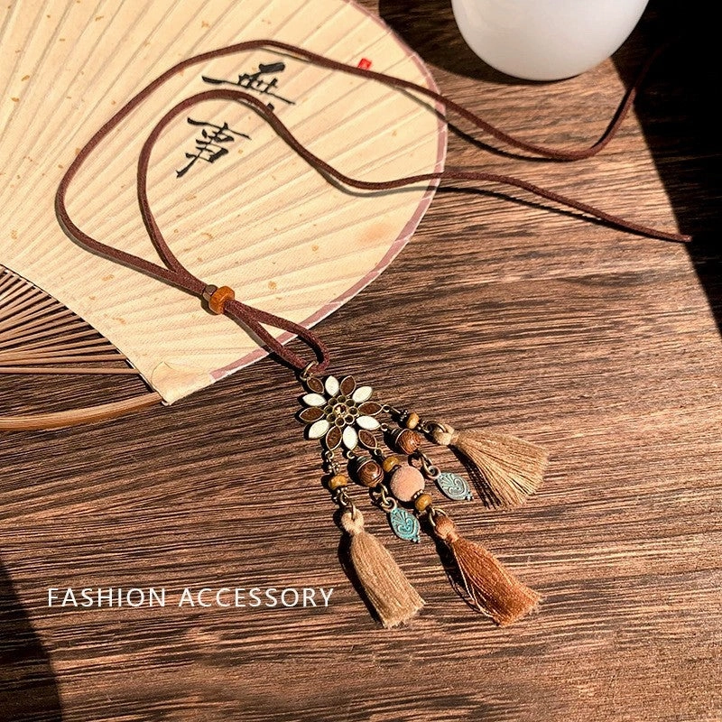 Wholesale New Chinese Zen retro feather necklace double layer long sweater chain Bohemian