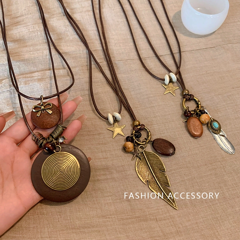 Wholesale New Chinese Zen retro feather necklace double layer long sweater chain Bohemian