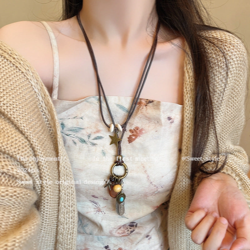 Wholesale New Chinese Zen retro feather necklace double layer long sweater chain Bohemian