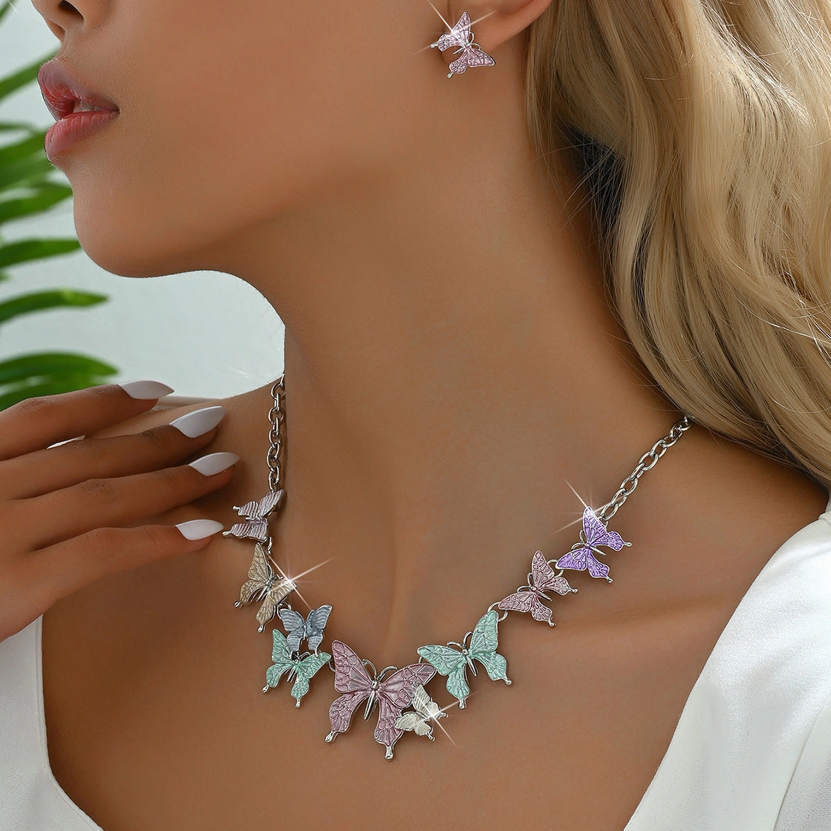 Wholesale New Colorful Butterfly Necklace Earrings Fresh and Sweet Jewelry Set
