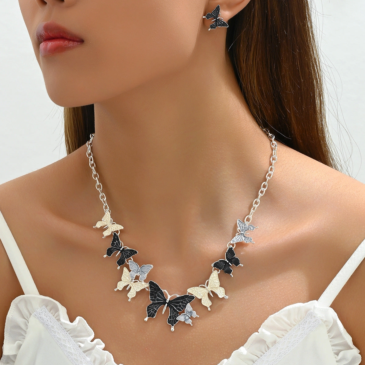 Wholesale New Colorful Butterfly Necklace Earrings Fresh and Sweet Jewelry Set