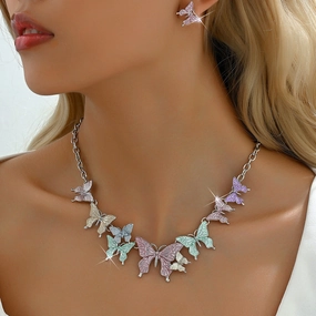 Wholesale New Colorful Butterfly Necklace Earrings Fresh and Sweet Jewelry Set
