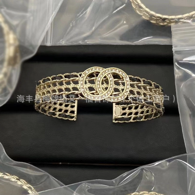 Wholesale New Double C Letter Diamond Piercing Leather Small Chanel Style Bracelet Retro Fashion All-match Bracelet
