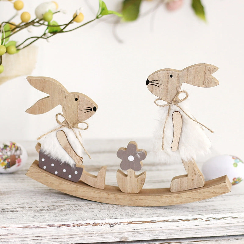 Wholesale New Easter home decoration painted seesaw Rabbit wooden desktop ornaments