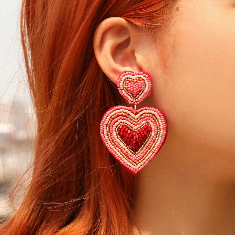 Wholesale new hand-woven beaded love earrings earrings romantic heart-shaped high-quality beaded red earrings