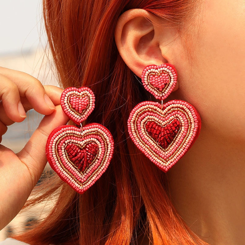Wholesale new hand-woven beaded love earrings earrings romantic heart-shaped high-quality beaded red earrings