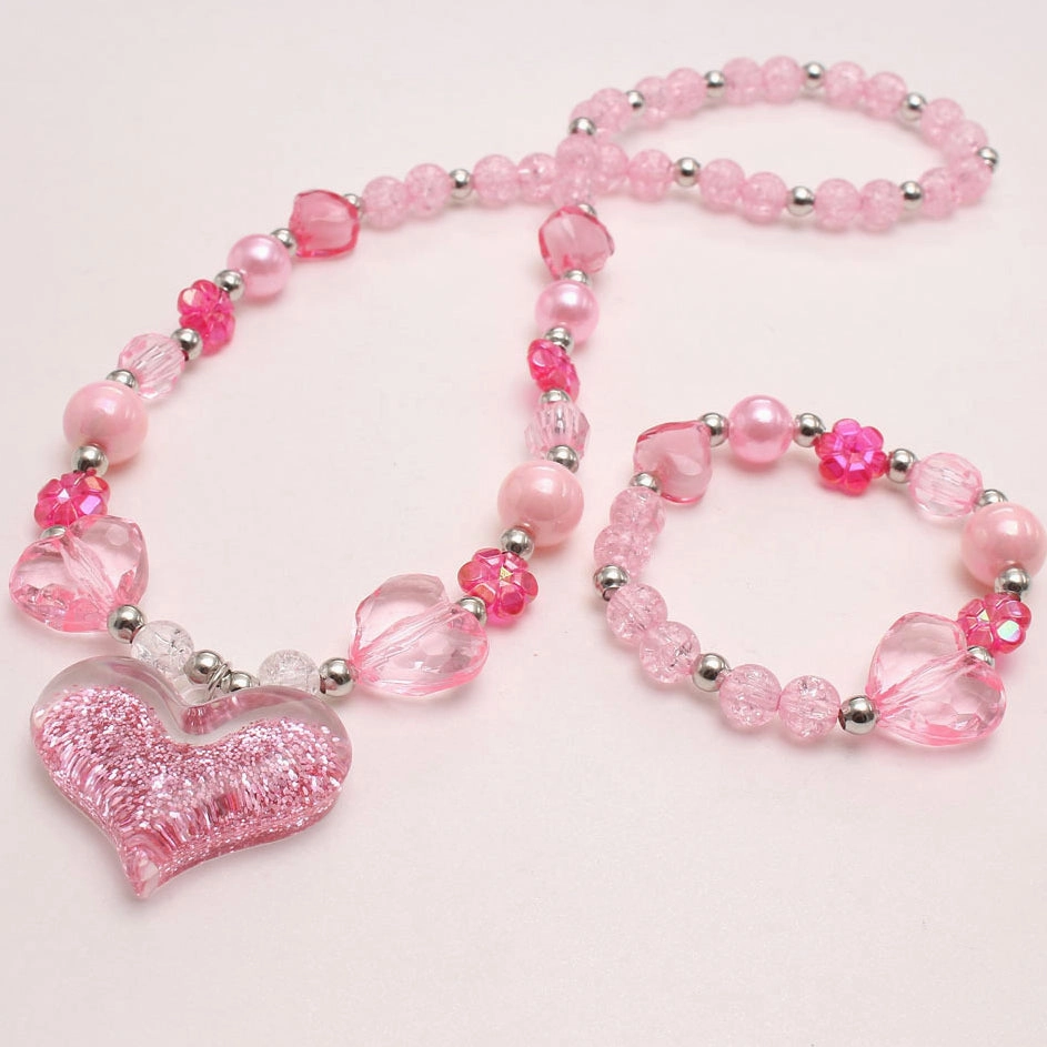 Wholesale New Pink Love Pendant Children's Necklace Set Acrylic Pendant Beads Girl Necklace Bracelet