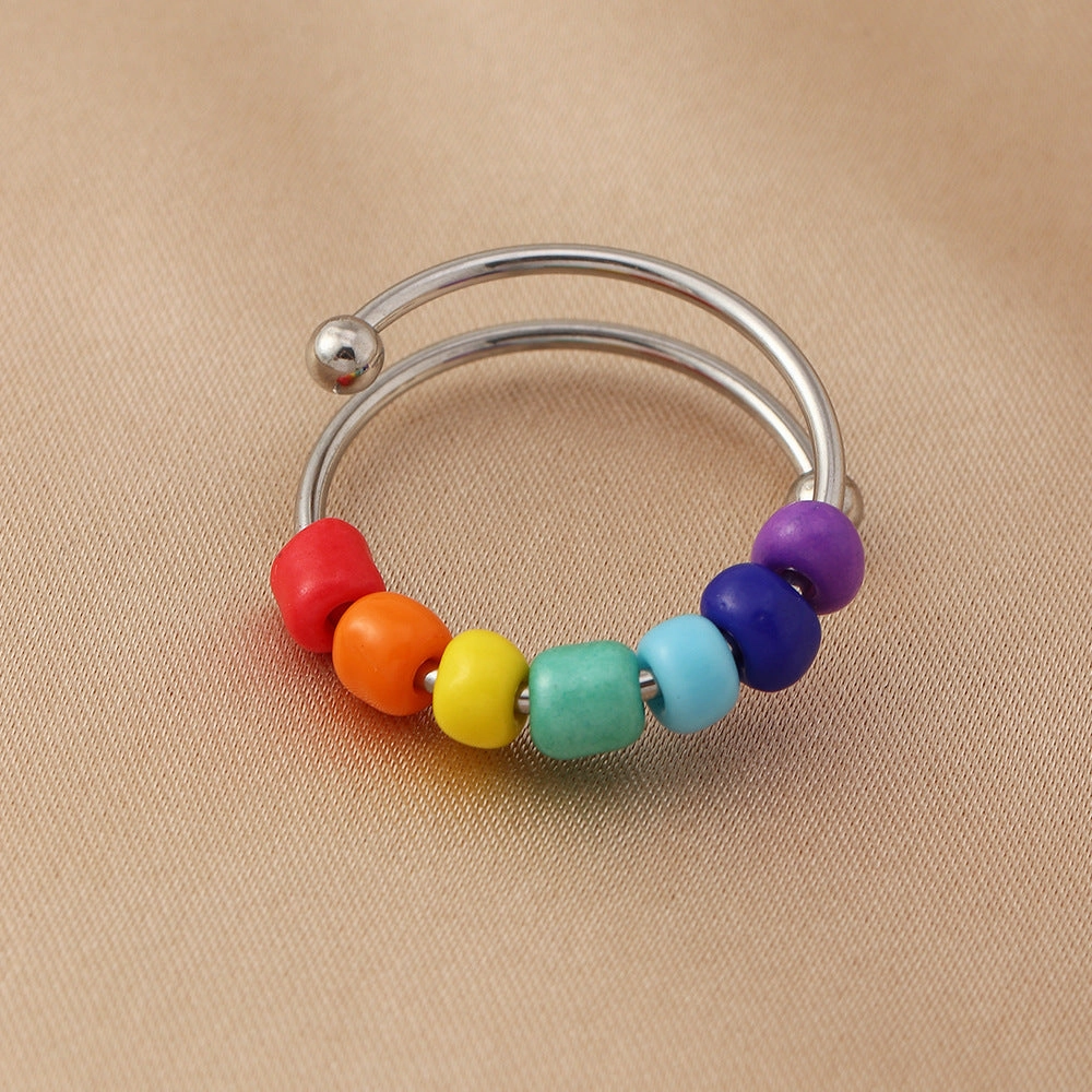 Wholesale New Rainbow Rice Bead Titanium Ring