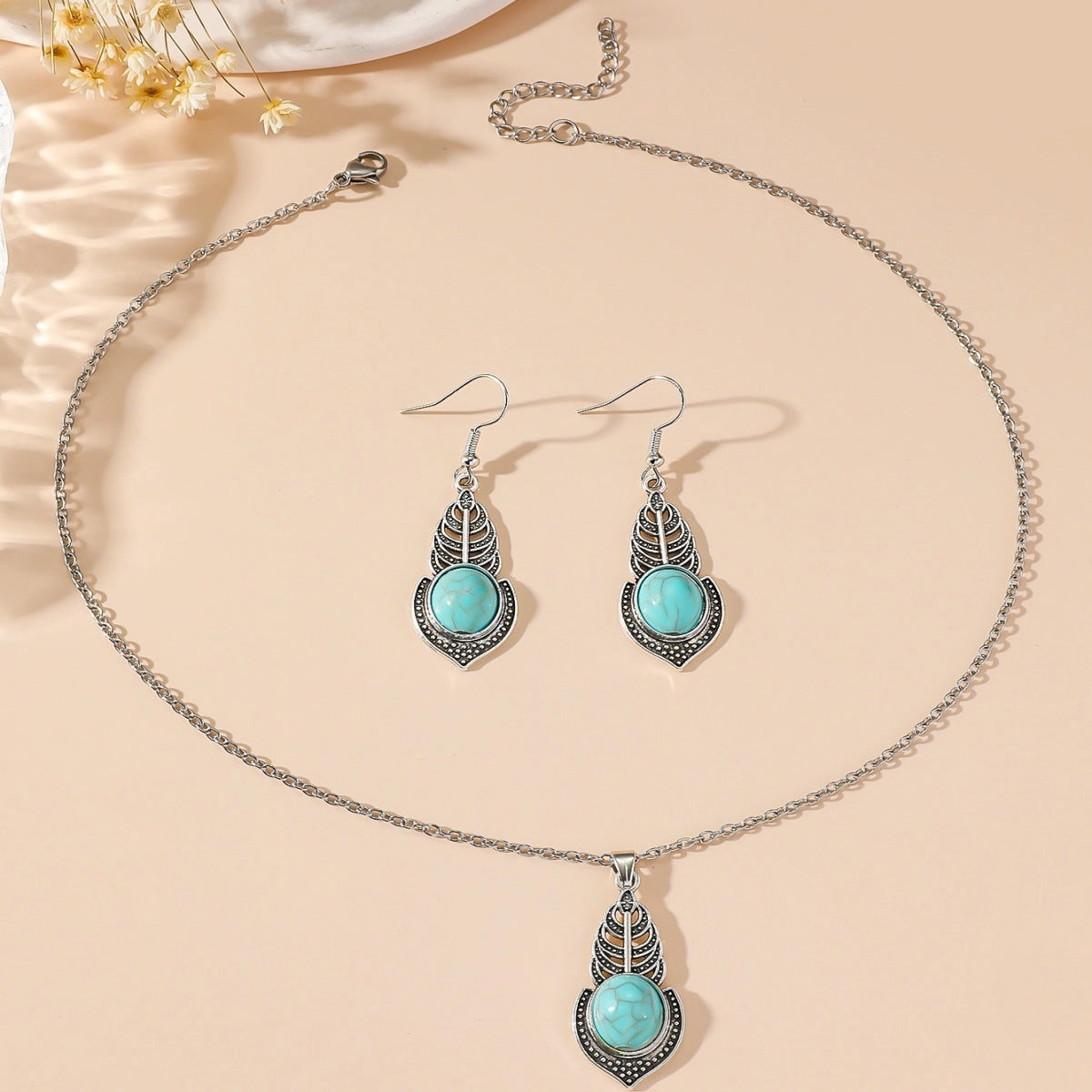 Wholesale New Simple Ethnic Flower Drop Hoop Turquoise Earrings Set