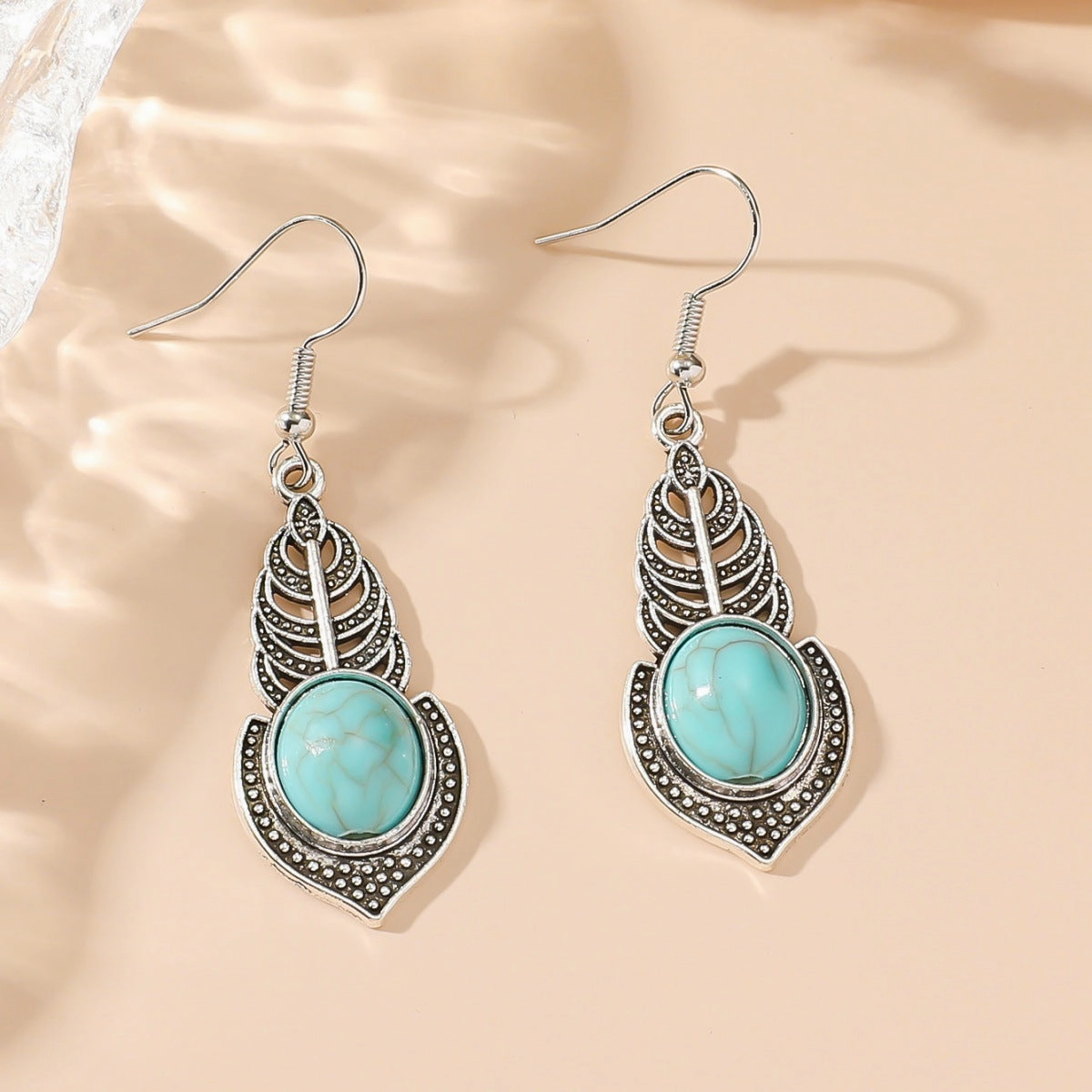 Wholesale New Simple Ethnic Flower Drop Hoop Turquoise Earrings Set
