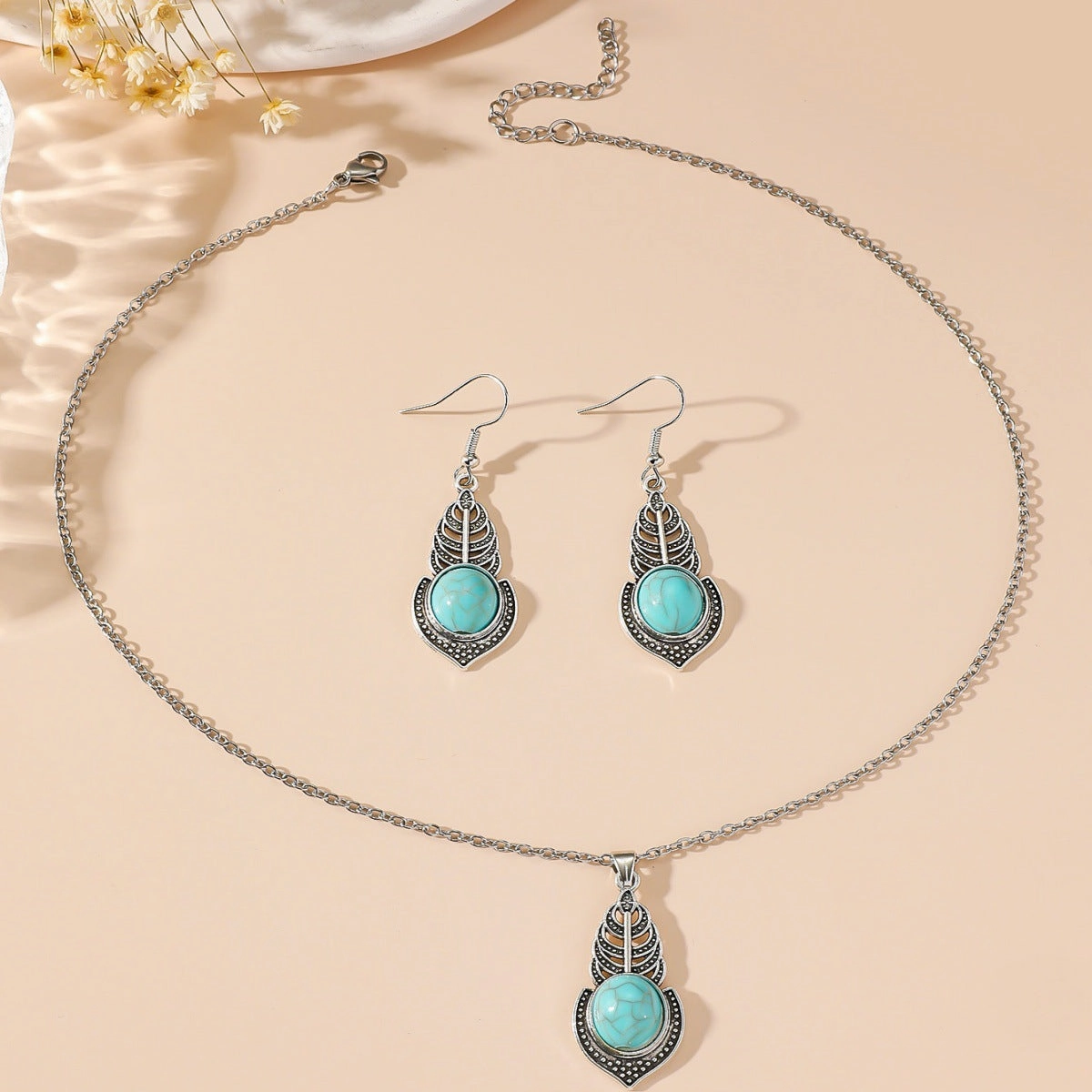 Wholesale New Simple Ethnic Flower Drop Hoop Turquoise Earrings Set