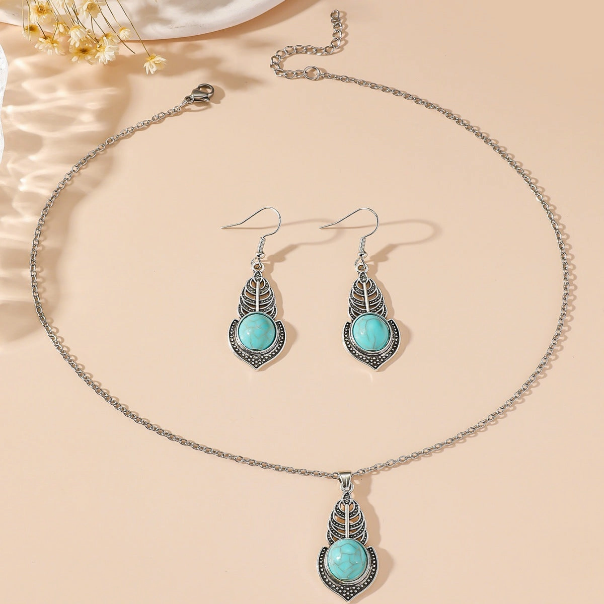 Wholesale New Simple Ethnic Flower Drop Hoop Turquoise Earrings Set