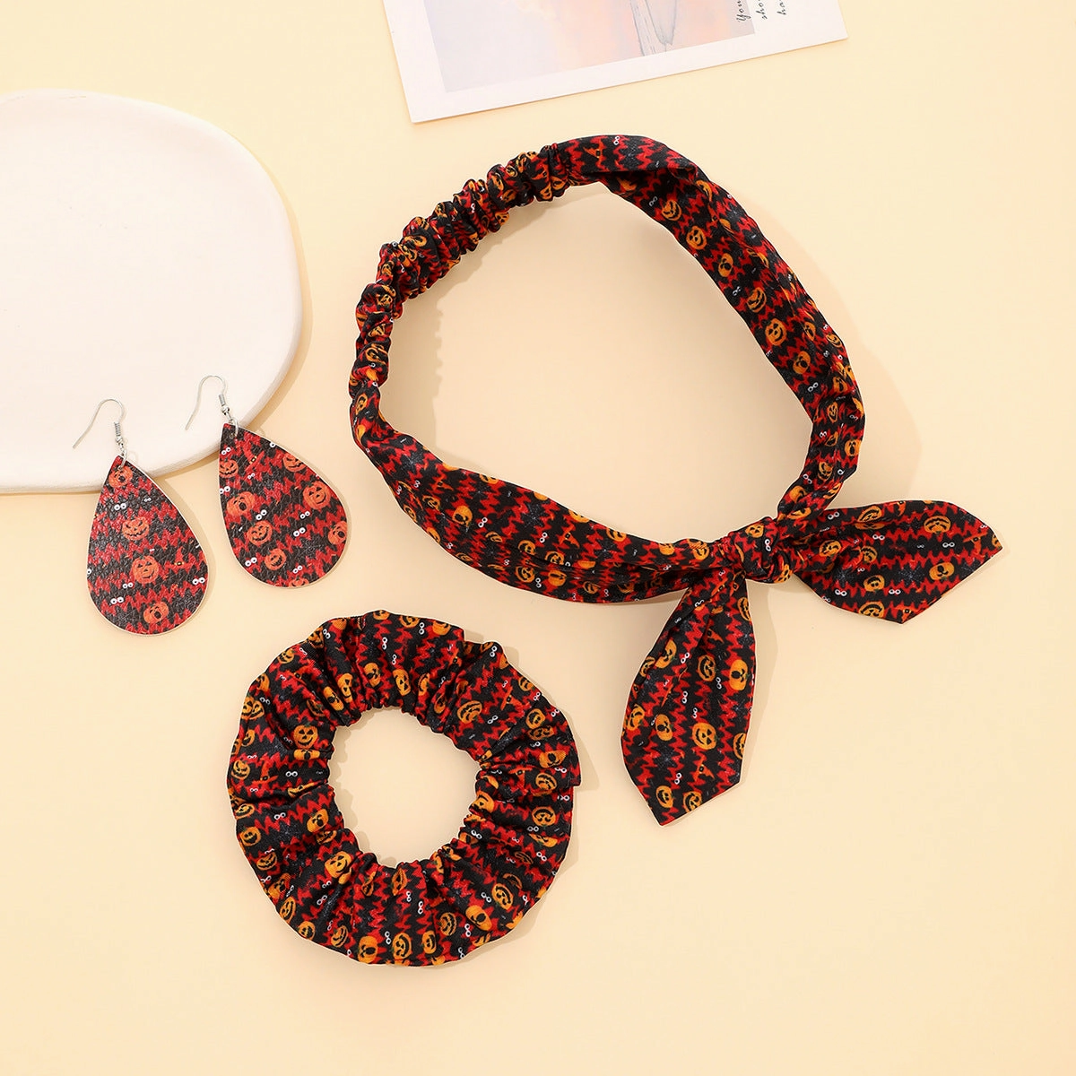 Wholesale New Sweet and Cute Polka Dot Print Bunny Headband Headband Hoop Earrings Three-piece Set