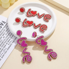 Wholesale New Valentine's Day Beaded Earrings Bohemian Handmade Rose Red Shiny Diamond Letters Love Beads Earrings