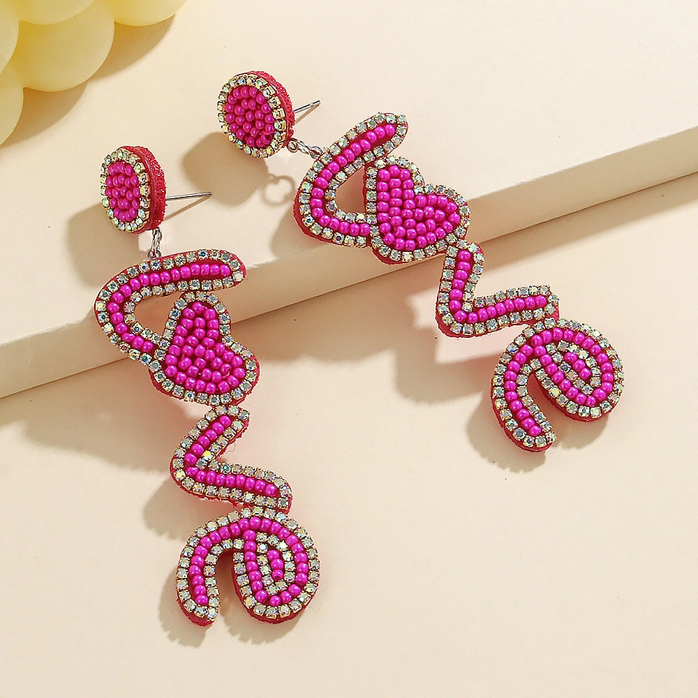 Wholesale New Valentine's Day Beaded Earrings Bohemian Handmade Rose Red Shiny Diamond Letters Love Beads Earrings
