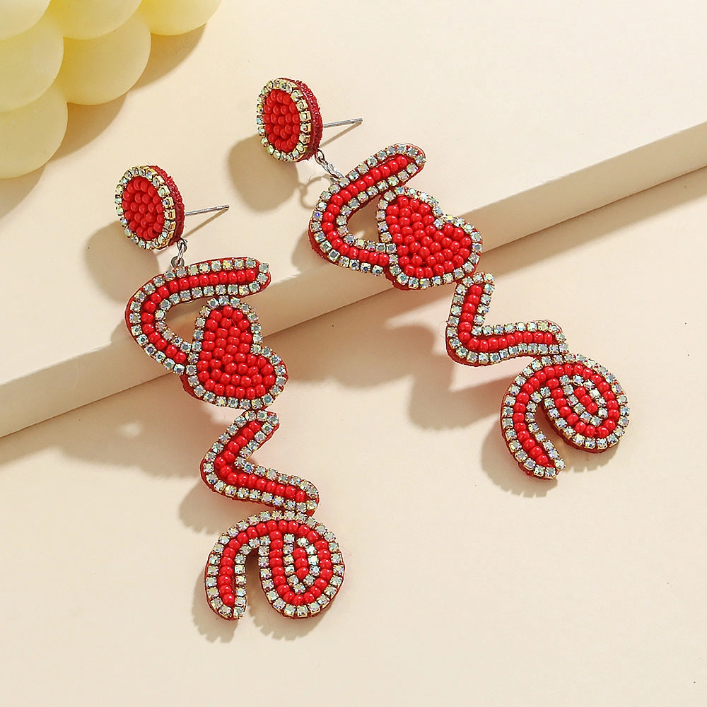 Wholesale New Valentine's Day Beaded Earrings Bohemian Handmade Rose Red Shiny Diamond Letters Love Beads Earrings