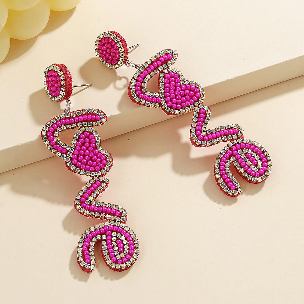 Wholesale New Valentine's Day Beaded Earrings Bohemian Handmade Rose Red Shiny Diamond Letters Love Beads Earrings