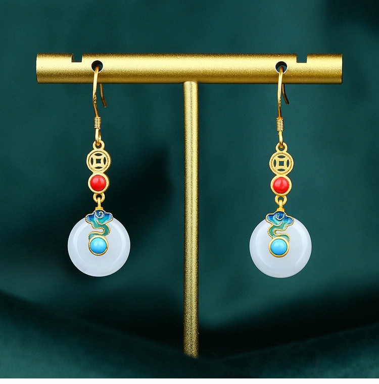 Wholesale Niche Design Ping An Buckle Imitation Jade Elegant Earrings