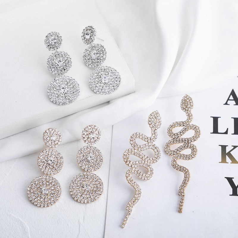 Wholesale Niche Design Snake-shaped Snake Head Full of Diamonds Multi-layer Round Dangling Earrings