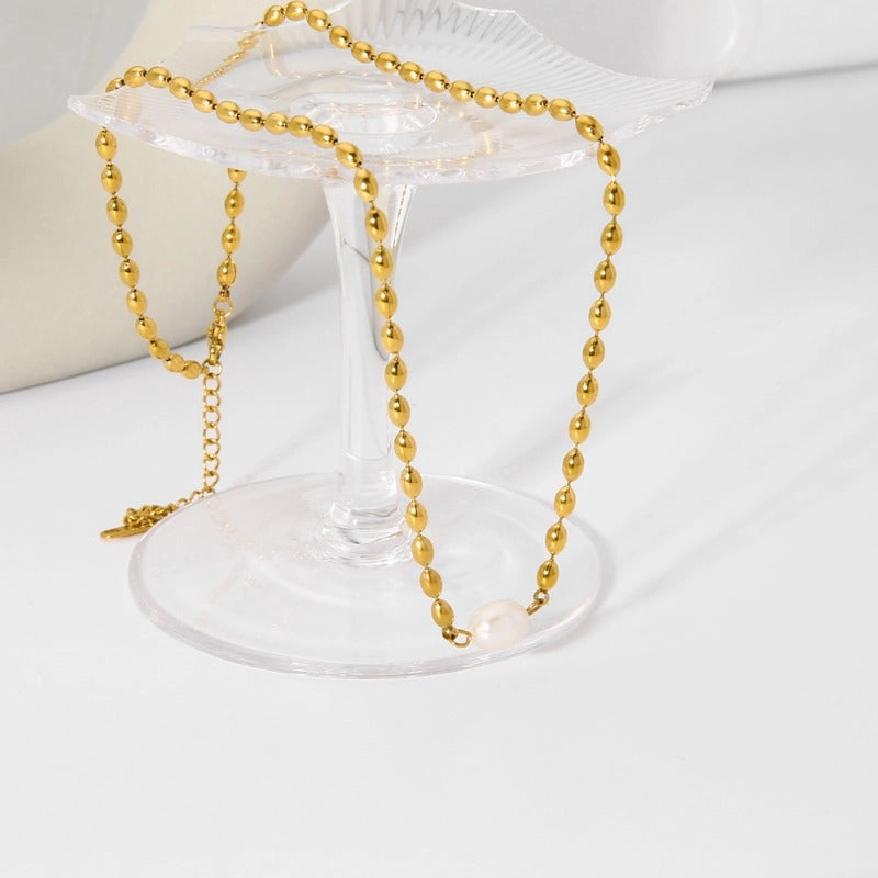 Wholesale Non-fading Natural Freshwater Pearl Oval Gold Bean Titanium Steel Necklaces