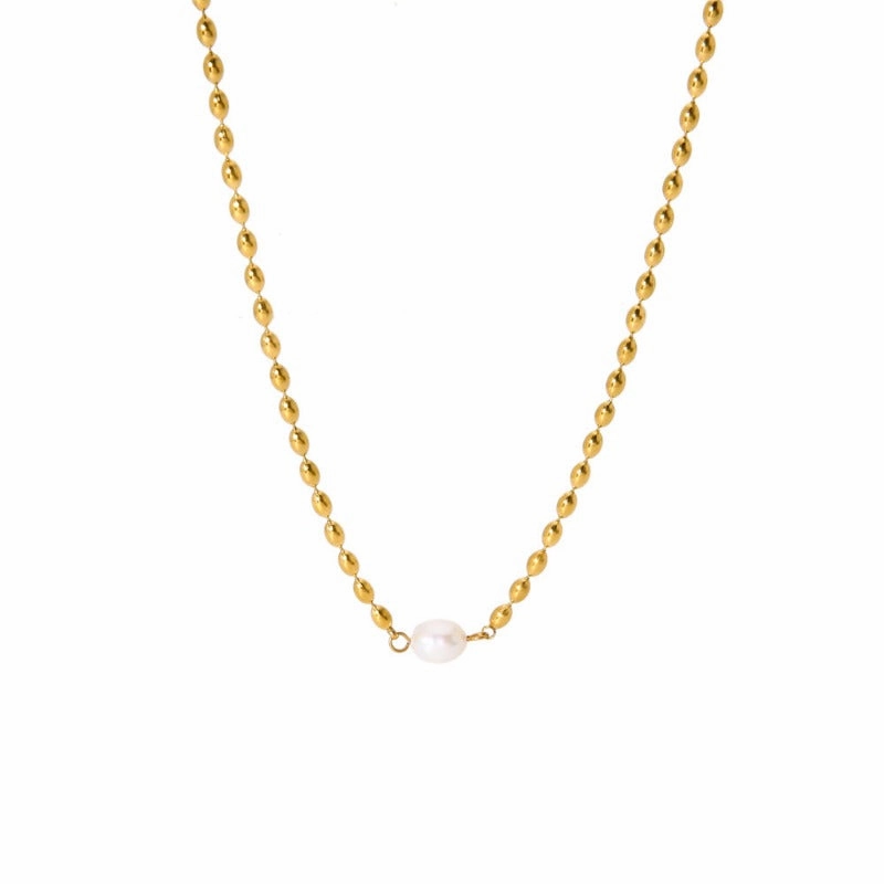 Wholesale Non-fading Natural Freshwater Pearl Oval Gold Bean Titanium Steel Necklaces