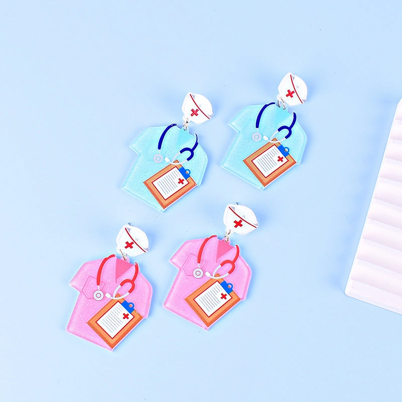 Wholesale Nurses' Day Pink Blue Nurse Uniform Nurse Cap Stethoscope Nurse Syringe Earrings