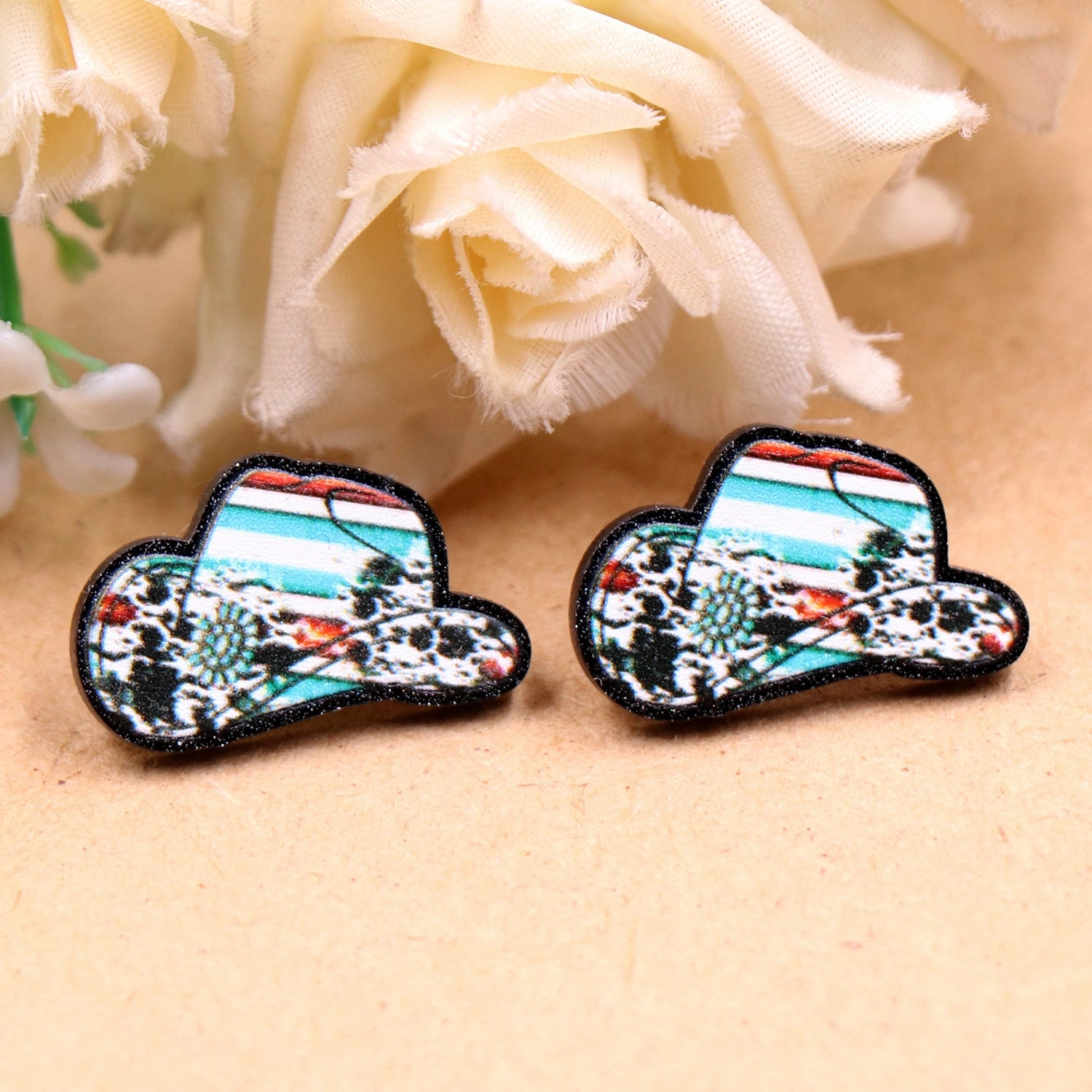 Wholesale of 10PCS/PACK Western Animal Pattern Denim Hat Acrylic Earrings