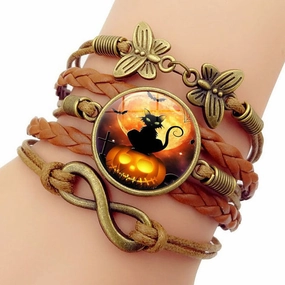 Wholesale of New Halloween Black Cat Time Gemstone Butterfly 8-character Alloy Bracelet
