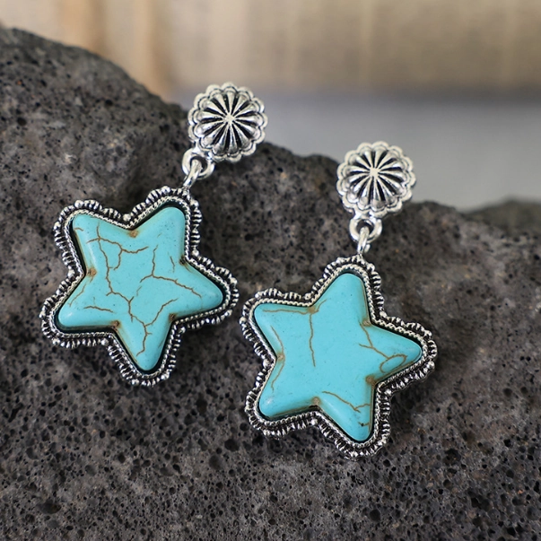 Wholesale of Western Fengda Five-point Star Turquoise Alloy Earrings