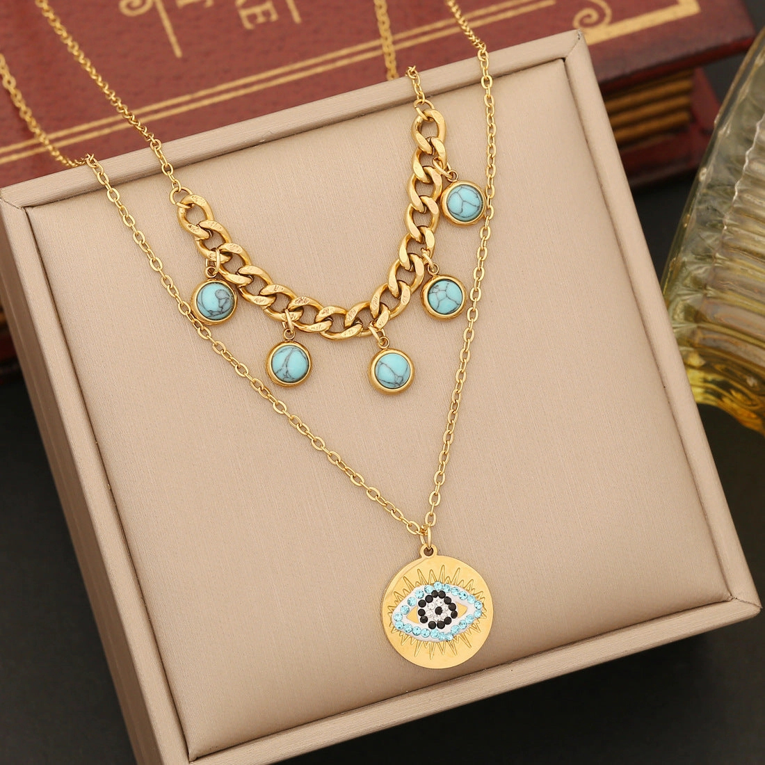 Wholesale Oil Drip Eyes Love Heart Stainless Steel Bracelet Jewelry Set