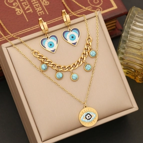 Wholesale Oil Drip Eyes Love Heart Stainless Steel Bracelet Jewelry Set