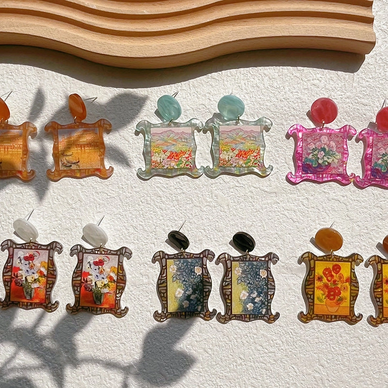 Wholesale Oil Painting Style Color Printed Floral Acrylic Earrings