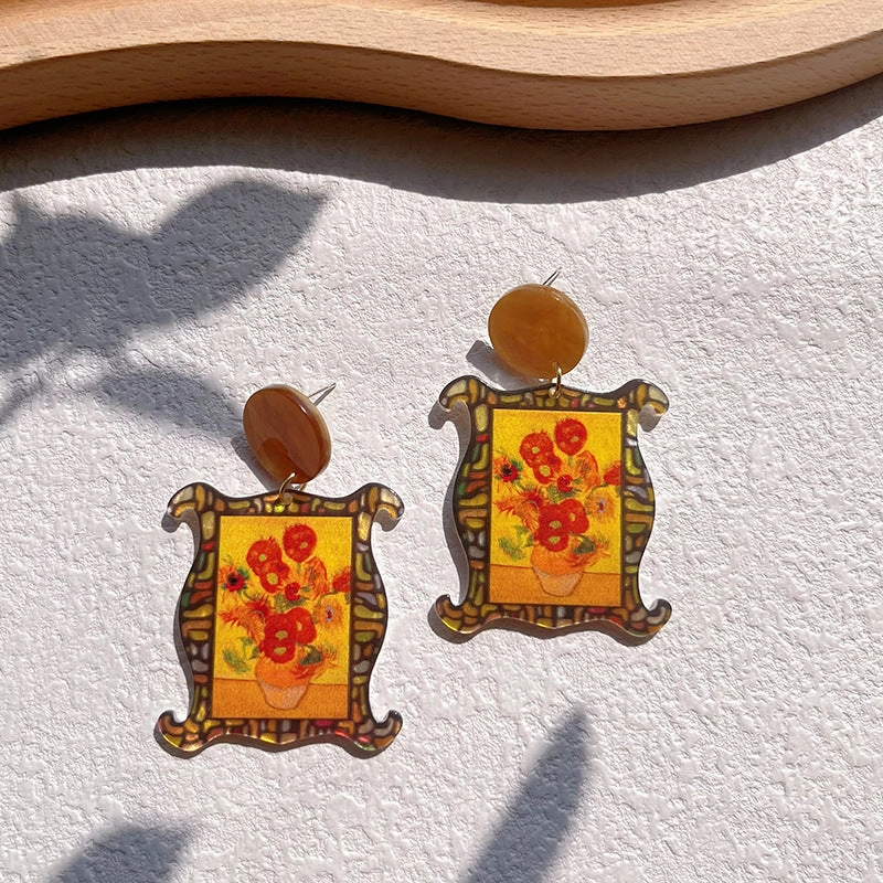 Wholesale Oil Painting Style Color Printed Floral Acrylic Earrings
