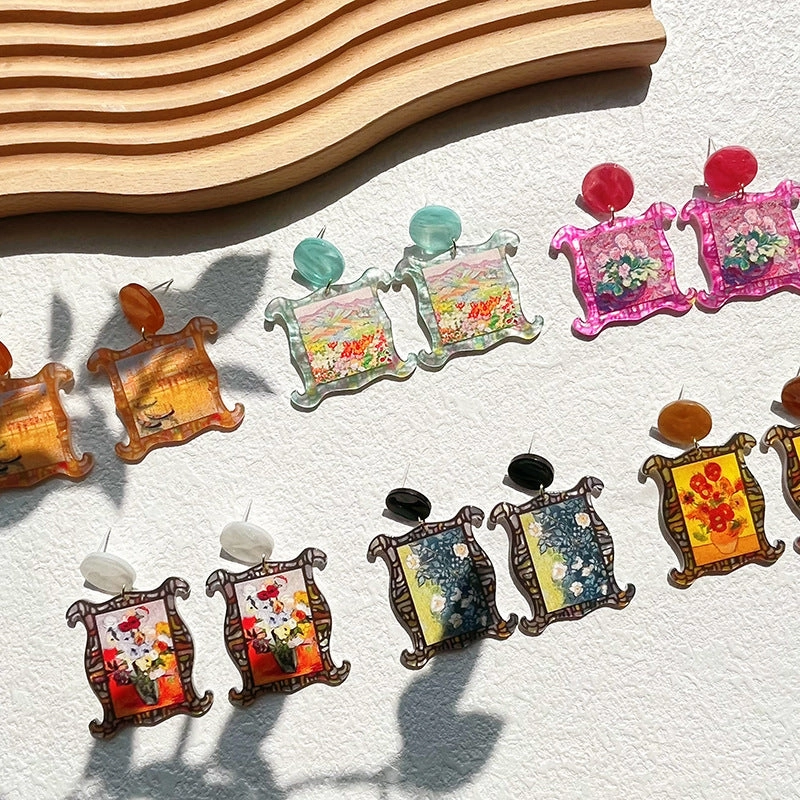 Wholesale Oil Painting Style Color Printed Floral Acrylic Earrings