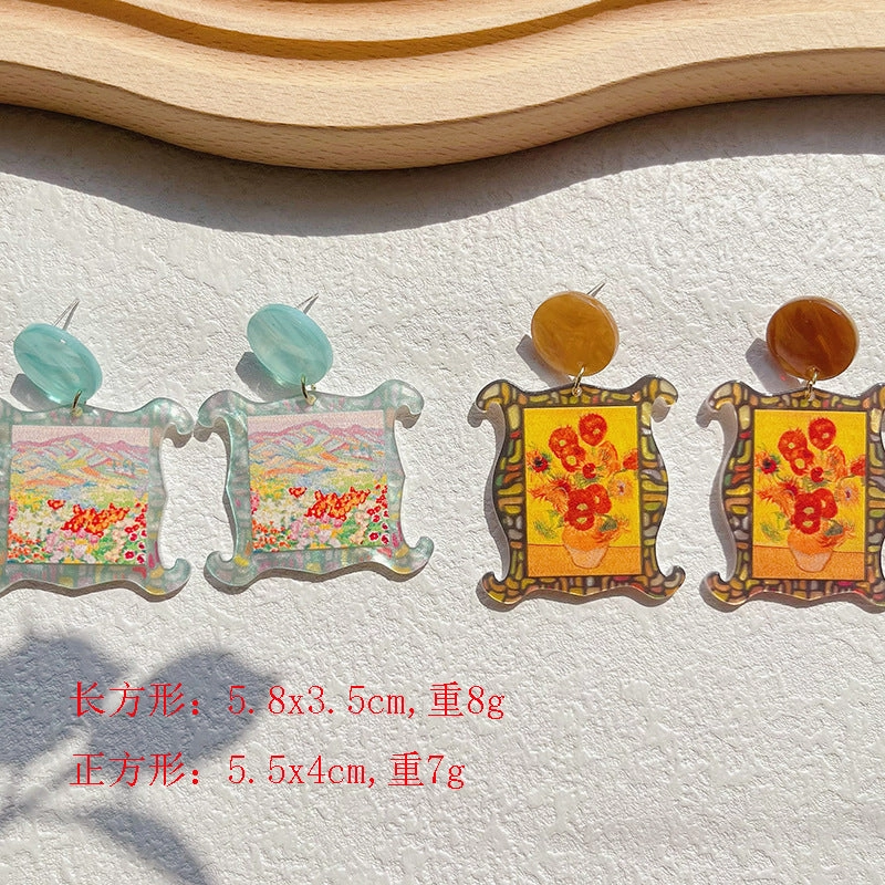 Wholesale Oil Painting Style Color Printed Floral Acrylic Earrings