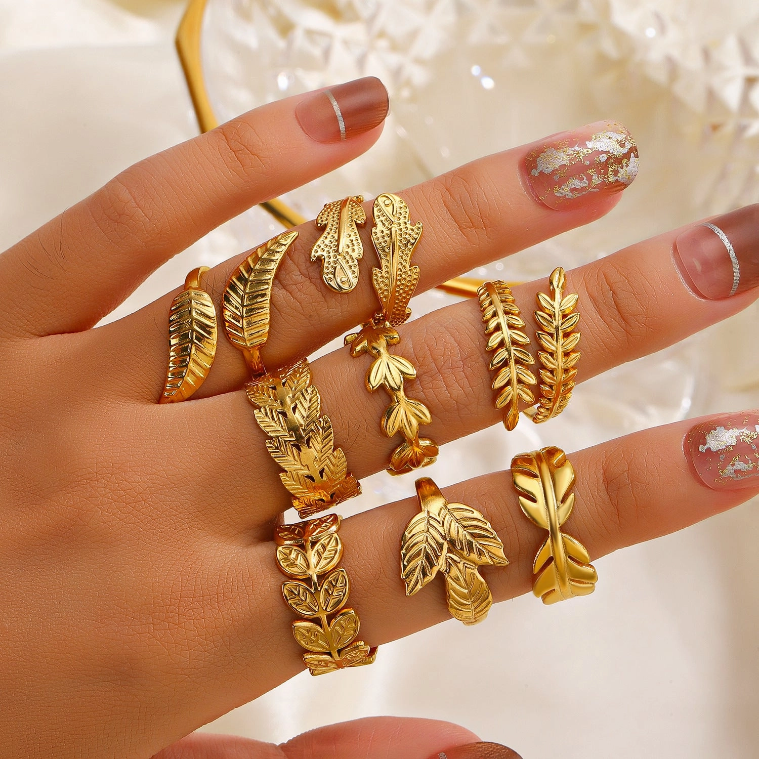 Wholesale Open Adjustable Leaf Gold Stainless Steel Ring