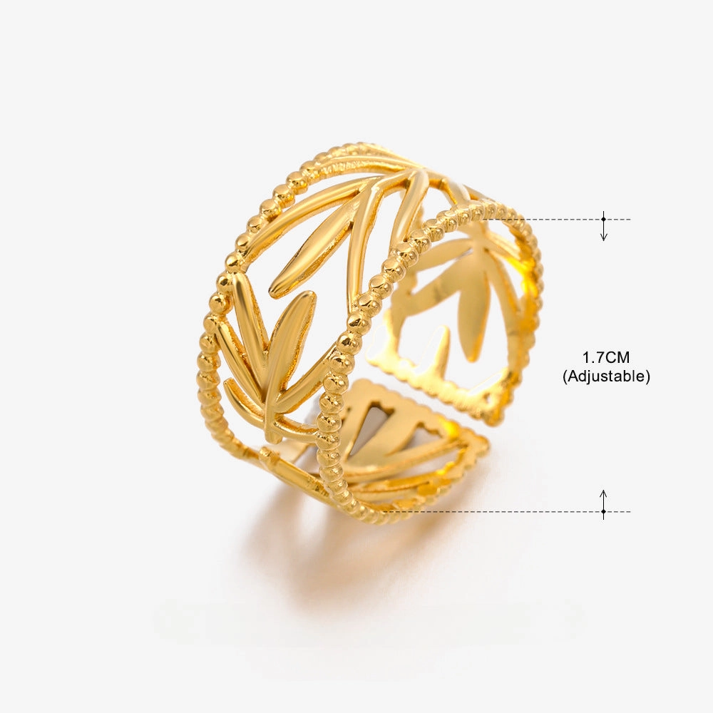 Wholesale Open Adjustable Leaf Gold Stainless Steel Ring